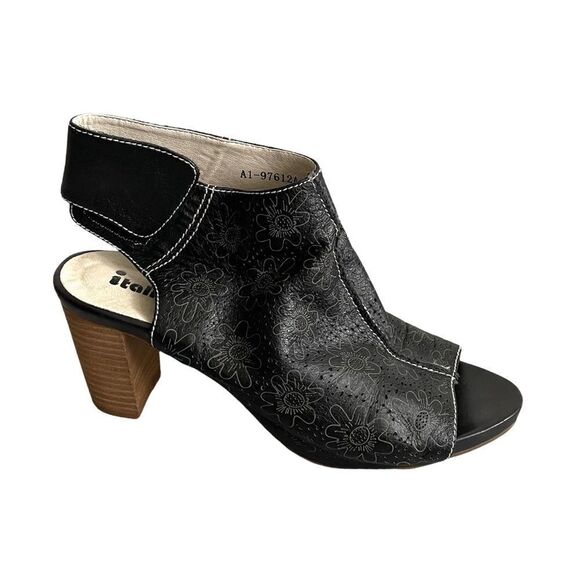 ITALMODA Leather Sling Back Open Toe Sandals Shoes Heel Floral Design Black 41 - Picture 2 of 12